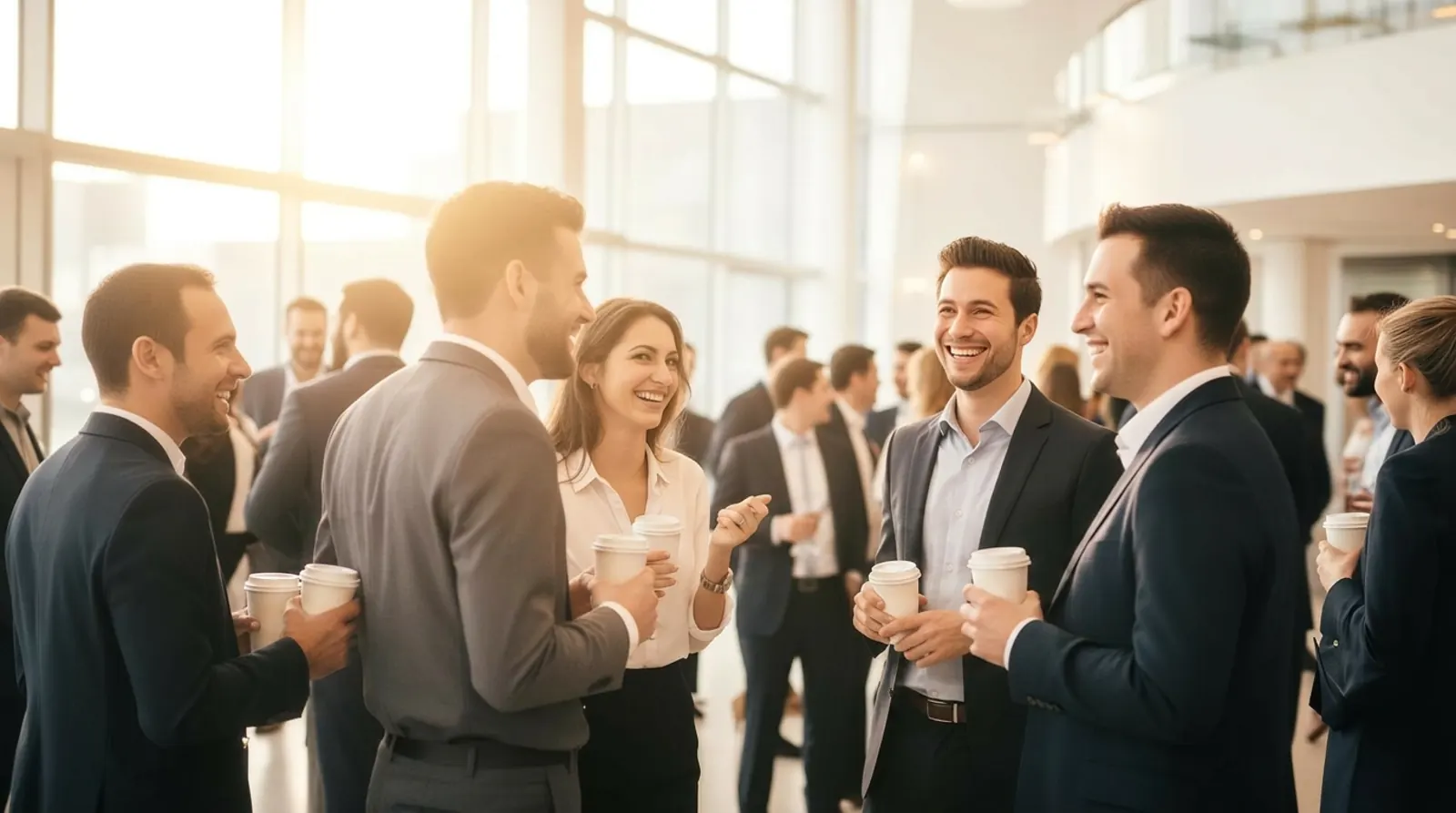 Profissionais em trajes sociais conversando com cafés na mão durante networking em um salão iluminado